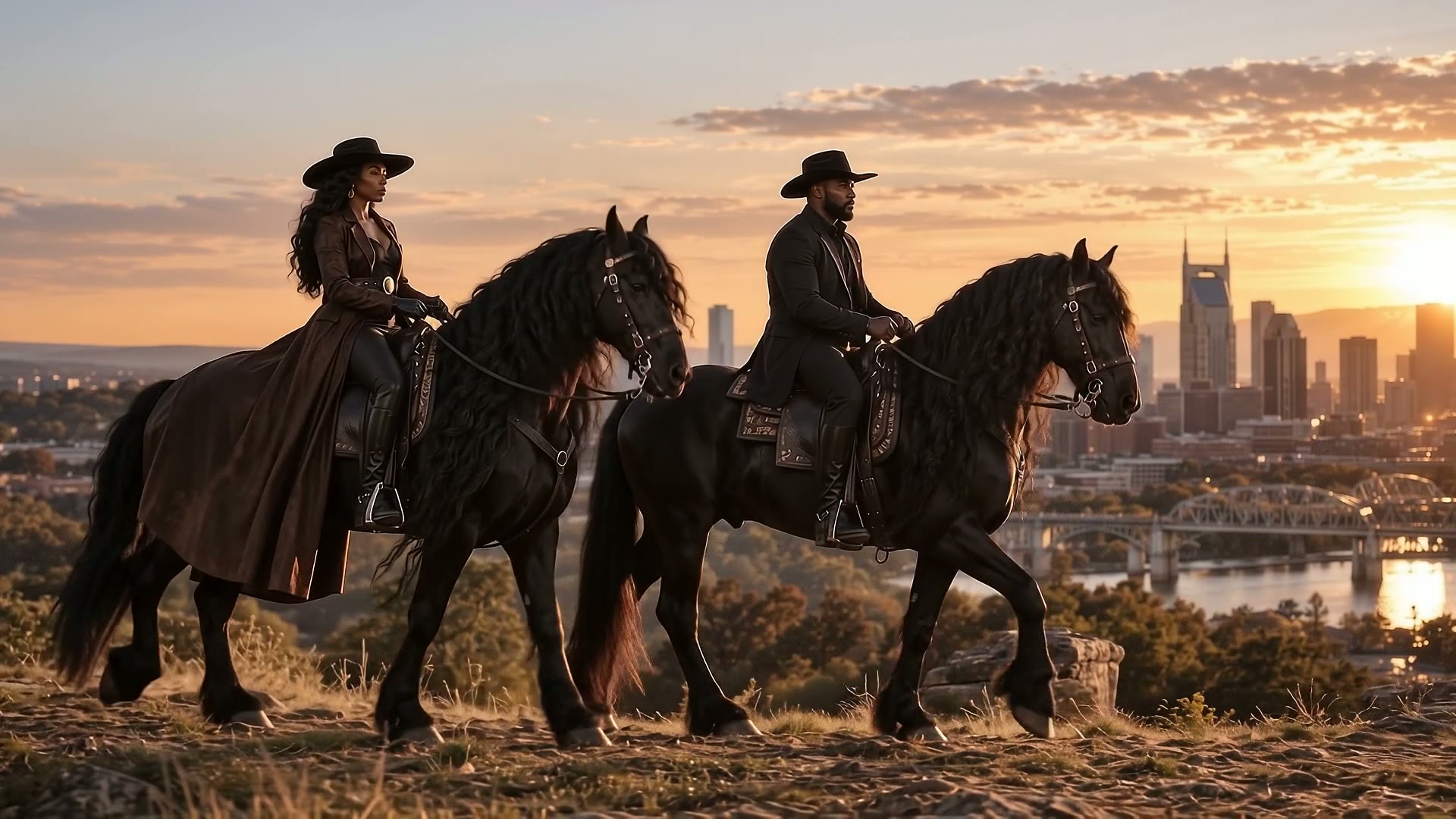Two elegantly dressed Black riders on Friesian horses overlooking the Nashville skyline at sunset
