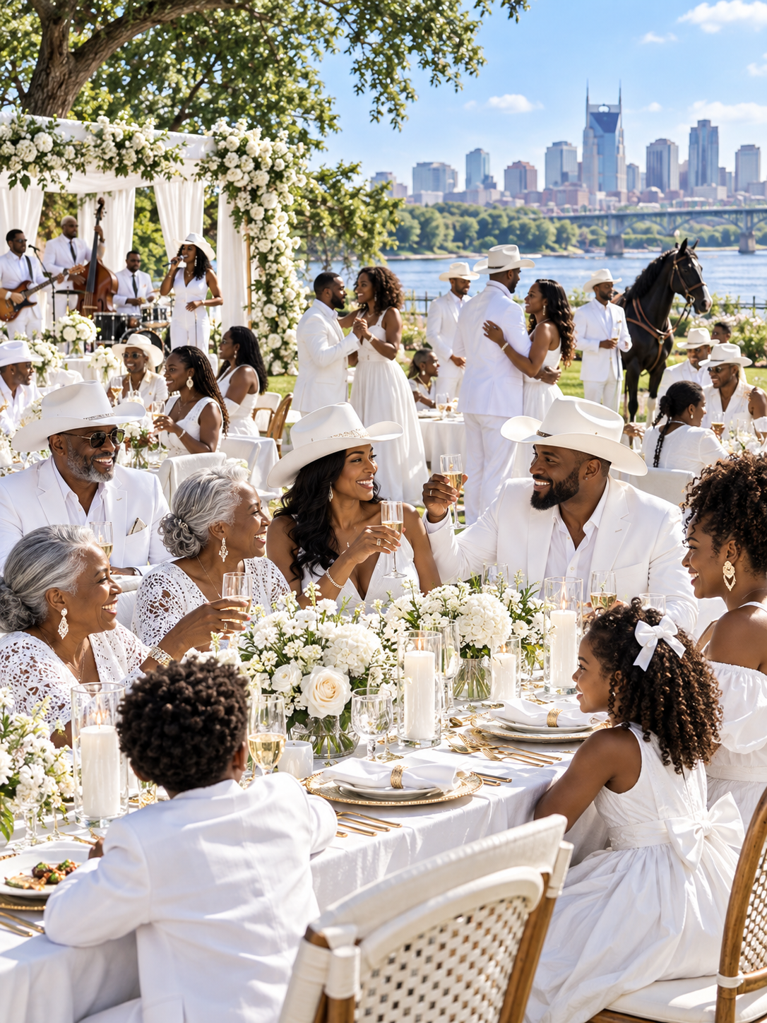 Multi-generational African American family and guests dressed in all-white Western elegance gathered at a long table outdoors with the Nashville skyline behind them