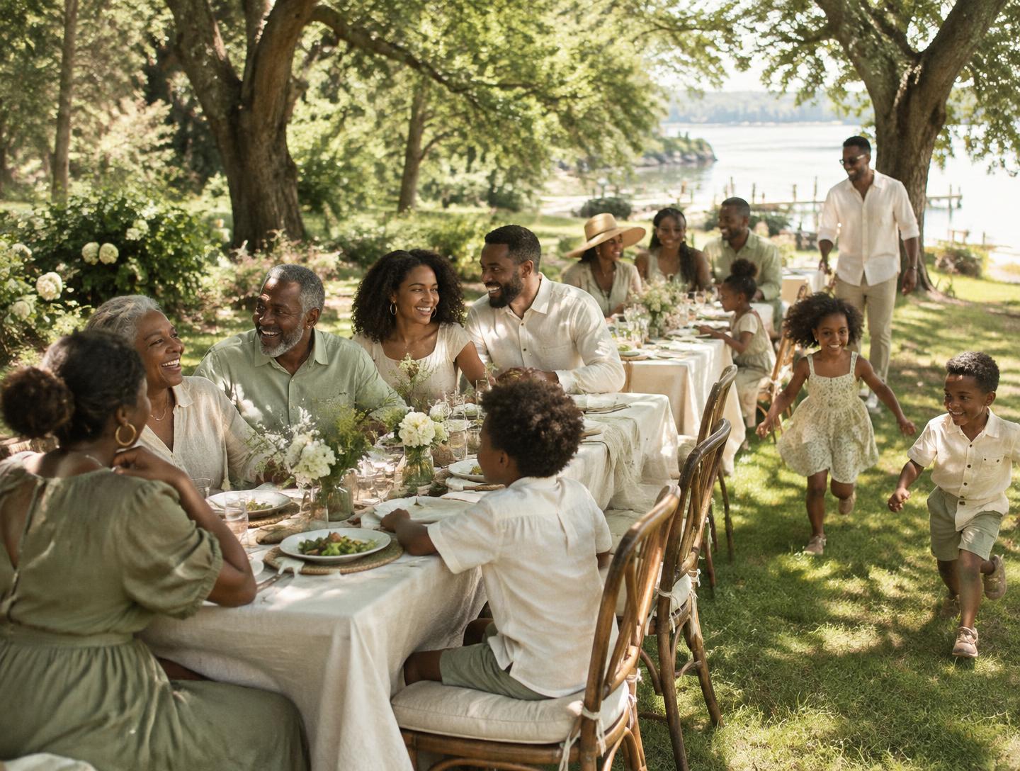 A multi-generational African American family gathered at long linen picnic tables beneath summer trees